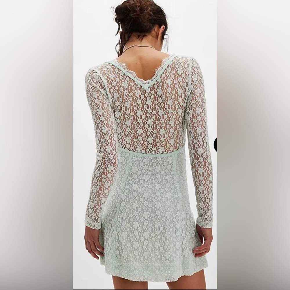 NWT Free People Petra Long Sleeve Lace Mini Dress Billowing Sail Mint Green Sz M - Picture 2 of 16